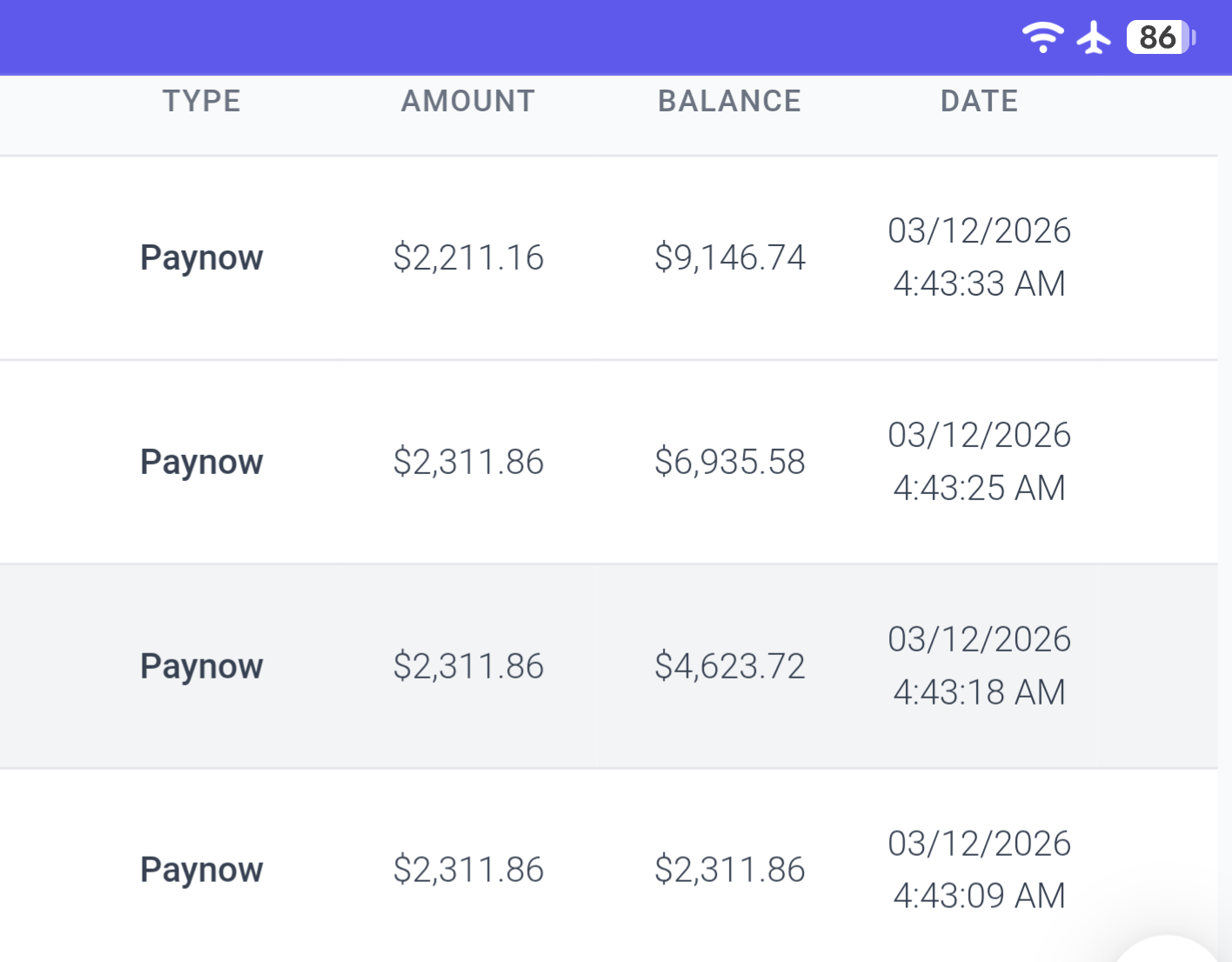 Paynow payout history showing 9,146 dollars